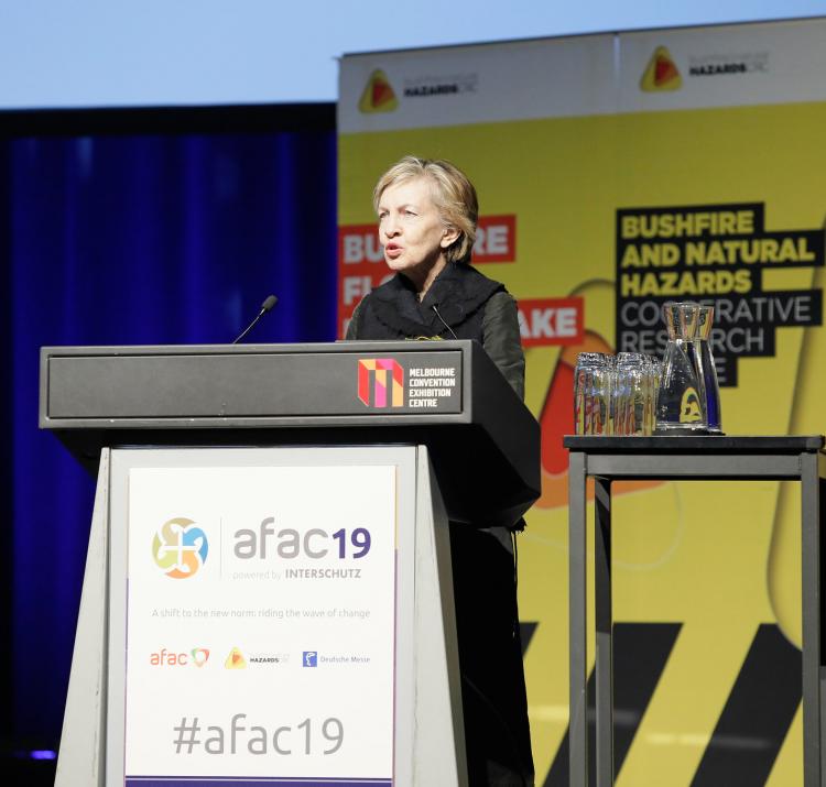 Prof Mary O'Kane delivering the 2019 Dr Laurie Hammond Oration at AFAC19, Melbourne