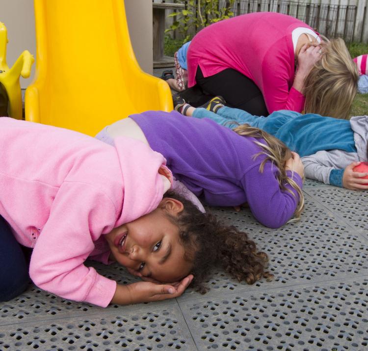 Children from East Harbour Kindergarten Eastbourne in New Zealand during the Shakeout Day earthquake drill. Image: Ross Giblin, Fairfax NZ