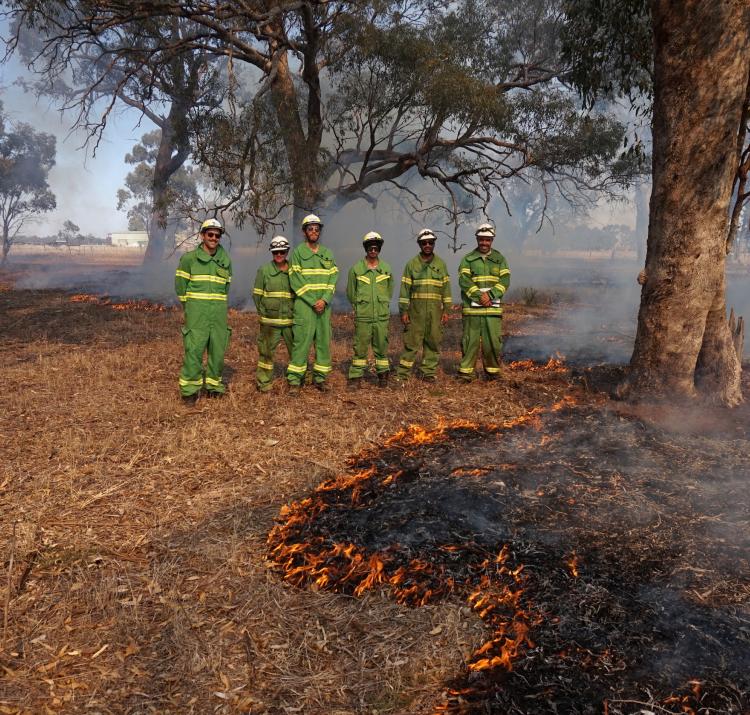 Dr Timothy Neale (left), with Karen Patterson, Harley Douglas, Andrew Saunders, Amos Atkinson and Mick Bourke at djandak wi (healthy fire) burn on Dja Dja Wurrung Country. 
