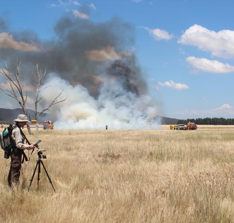 Dr Marta Yebra in the field conducting a grass fire experiment. Photo: Carolina Luiz.