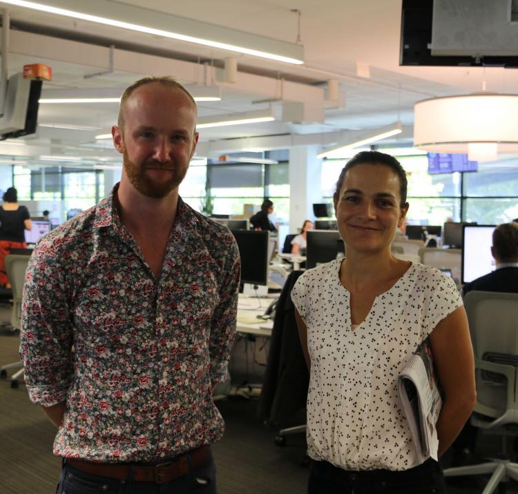 CRC researcher Katharine Haynes (right) with science reporter Liam Mannix at The Age office.