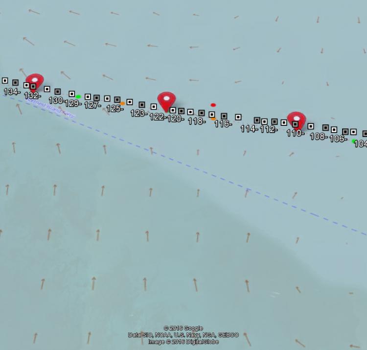 Current predictions, predicted waypoints (red markers) and the course Chari’s team swam (white squares).