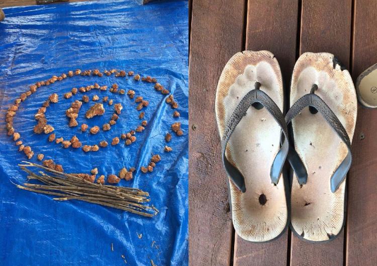 (left) Depiction made by community participants of their community, its relationships and capabilities. (right) Footwear of a Traditional Owner. This project has sought to understand the outlook and views of community members and to ‘walk a mile in their 