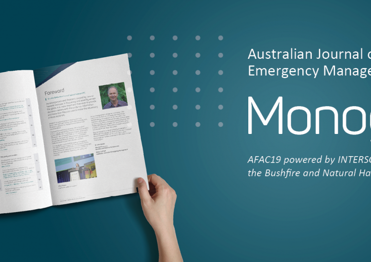 A hand holds open research proceedings from AFAC19 powered by INTERSCHUTZ, which were published in two Australian Journal of Emergency Management Monographs.