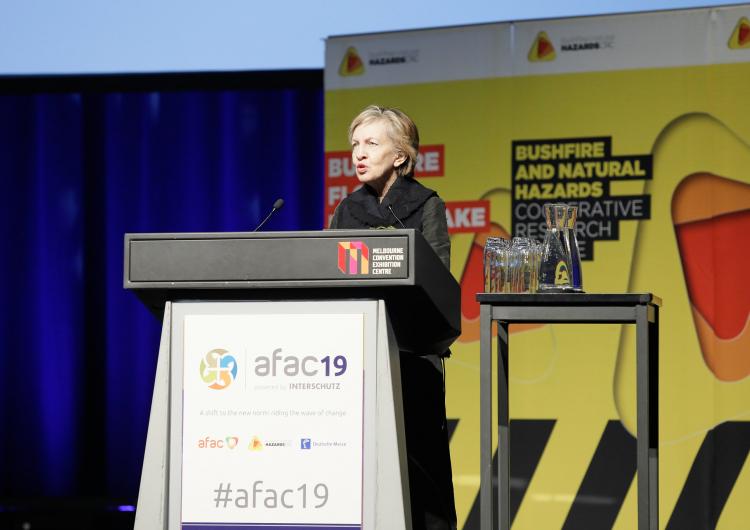 Prof Mary O'Kane AC presenting the inaugural Dr Laurie Hammond Oration at AFAC19, Melbourne