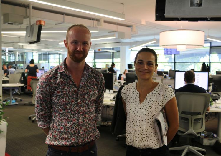 CRC researcher Katharine Haynes (right) with science reporter Liam Mannix at The Age office.