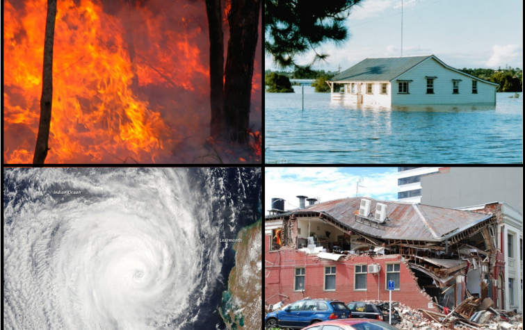 Clockwise from top left: Bushfire, photo by bertknot; Floods in Gympie, photo by Brian Yap; Christchurch earthquake, photo by Geof Wilson; Tropical cyclone Bianca, photo by NASA. 