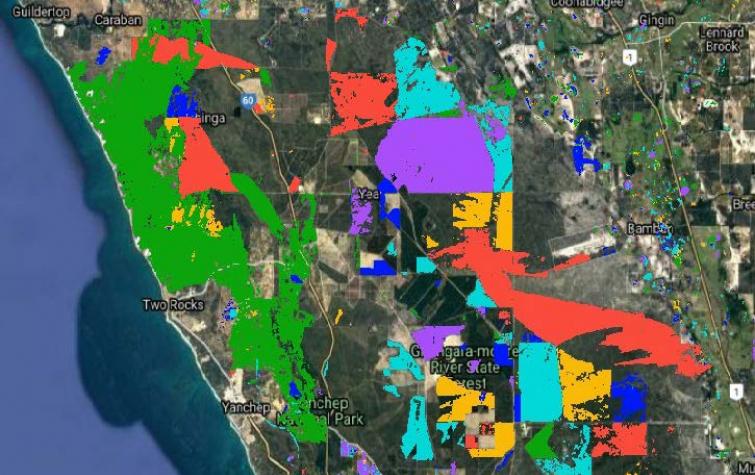 Fire History developed from Sentinel 2 imagery from 2016 to early 2021, over the greater Yanchep region in WA. Photo: Base Map from Google Maps.