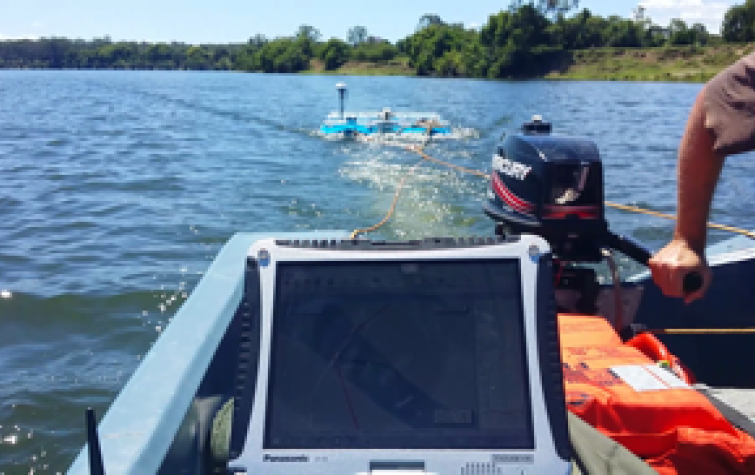 The research team uses a river surveyor acoustic doppler profiler to measure the topography of the Clarence River upstream of Grafton in NSW. Photo: Stefania Grimaldi