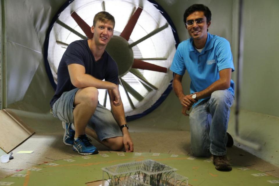 Dr Korah Parackal (right) and Mitchell Humphreys at the James Cook University Cyclone testing station. Photo: James Cook University