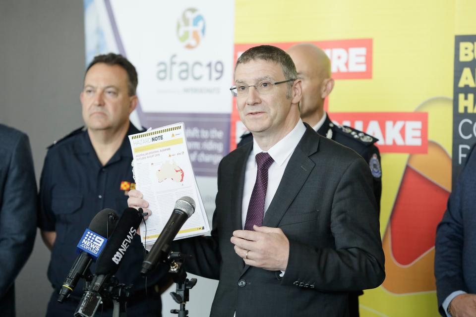 Dr Richard Thornton, CEO of the Bushfire and Natural Hazards CRC, launching the August 2019 Seasonal Bushfire Outlook at the AFAC19 conference. Photo: Bushfire and Natural Hazards CRC.