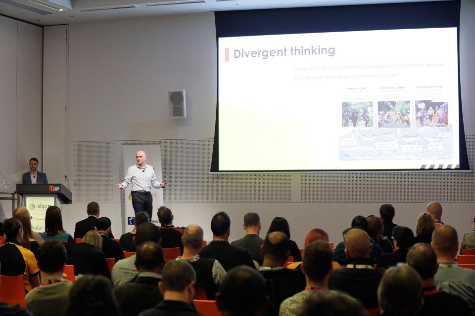 Dr Steven Curnin presenting at AFAC19 powered by INTERSCHUTZ, August 2019. Photo: AFAC. 