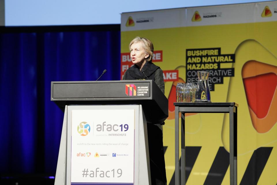 Prof Mary O'Kane delivering the 2019 Dr Laurie Hammond Oration at AFAC19, Melbourne
