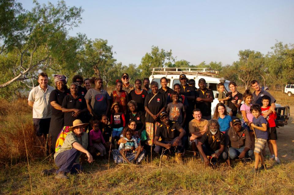 Steve Sutton (Charles Darwin University) with ARPNet researchers and community members in northern Australia. Photo: Nathan Maddock, CRC. 