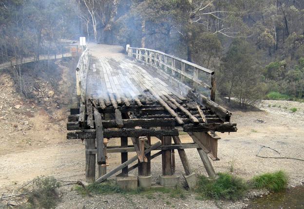 Bridge damaged by bushfire.