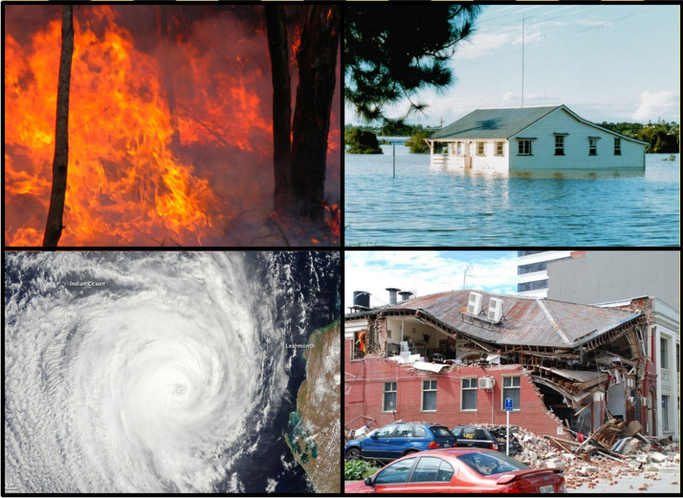 Clockwise from top left: Bushfire, photo by bertknot; Floods in Gympie, photo by Brian Yap; Christchurch earthquake, photo by Geof Wilson; Tropical cyclone Bianca, photo by NASA. 