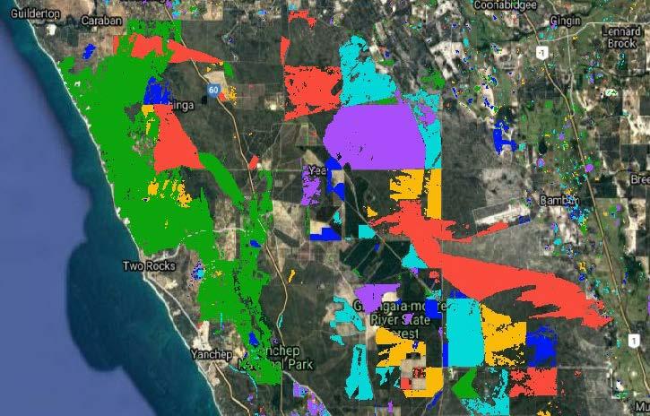 Fire History developed from Sentinel 2 imagery from 2016 to early 2021, over the greater Yanchep region in WA. Photo: Base Map from Google Maps.