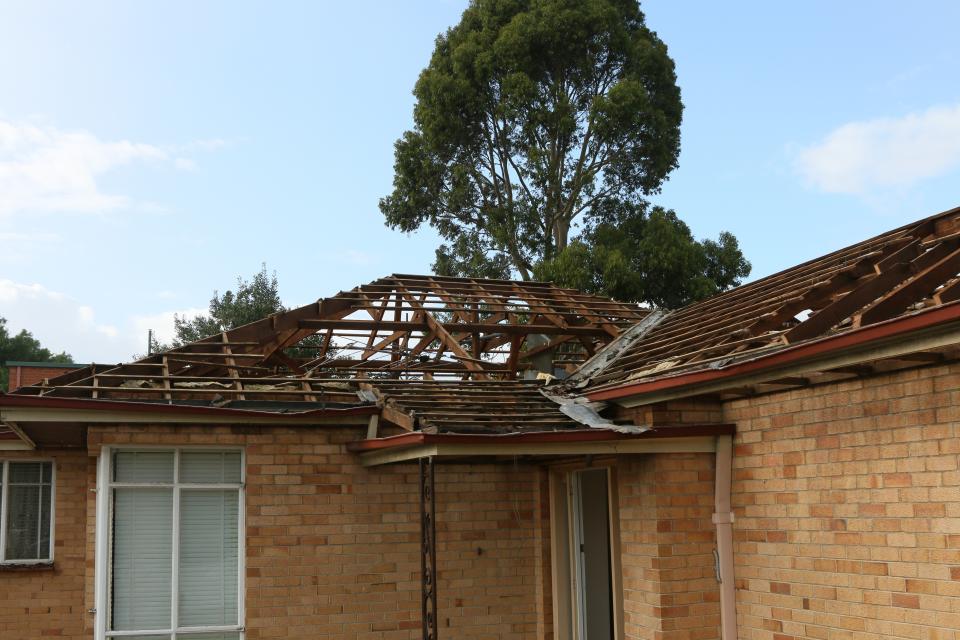 Roof of a building damaged by a severe wind event. Photo: James Cook University Cyclone Testing Station.