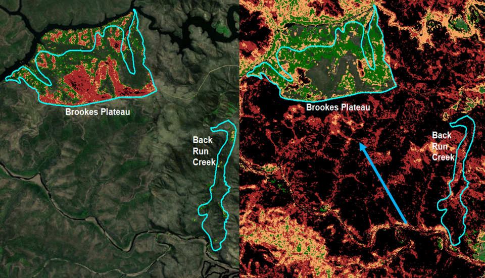 Two burns implemented in Moreton National Park, NSW in February/March 2019. The left map shows the Fire Extent and Severity Map for the prescribed burns and the right map shows the Fire Extent and Severity Map in the Currowan bushfire in January 2020.