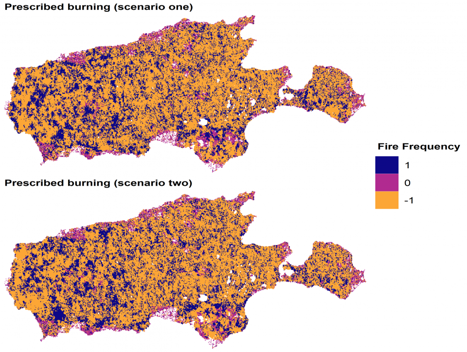 Locations on Kangaroo Island where wildfire frequency differed between the wildfire only and the prescribed burning burning scenarios.