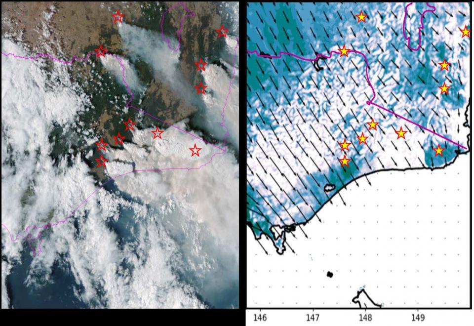 Himawari satellite image (left) during the afternoon of the most active moist pyro-convective day of the 2019/2020 season, 30 December 2019. The corresponding PFT flag forecast (right) shows the potential threat was well forecast. The fire locations are i