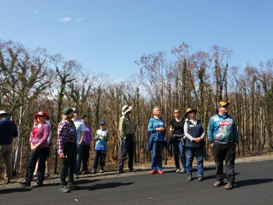 Hotspots workshop participants stand amongst burnt-out trees and learn how the landscape affected the behaviour of the Carwoola-Taliesin bush fire. Photo: K. McShea, Hotspots Fire Project