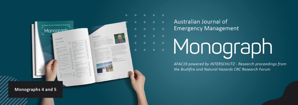 A hand holds open research proceedings from AFAC19 powered by INTERSCHUTZ, which were published in two Australian Journal of Emergency Management Monographs.