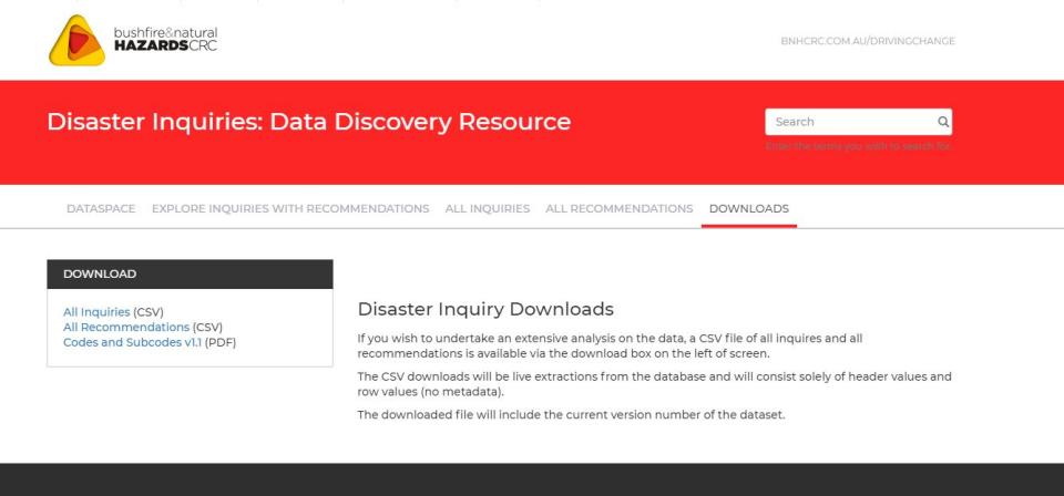 The Bushfire and Natural Hazard CRC’s Inquiries and Reviews database contains a catalogue of 300 inquiries and reviews relating to emergency management/natural hazards across all jurisdictions in Australia between 1886 and 2017.