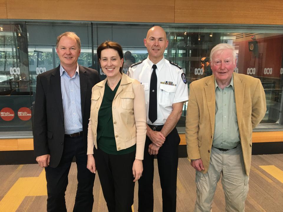 Dr John Bates, ABC's Virgina Trioli, Commissioner Andrew Crisp and Prof Jim McLennan - the Conversation Hour discussed the complex issues involved in either leaving early or choosing to defend a property in a bushfire.