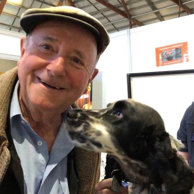 Dr Harry and Zali, NSW SES search dog in training, at the Sydney Dog Lovers Show 2019.