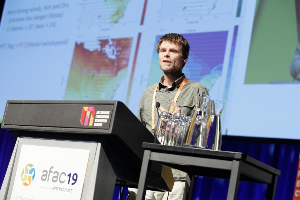 Dr Kevin Tory presenting at AFAC19 powered by INTERSCHUTZ. Photo: BNHCRC. 