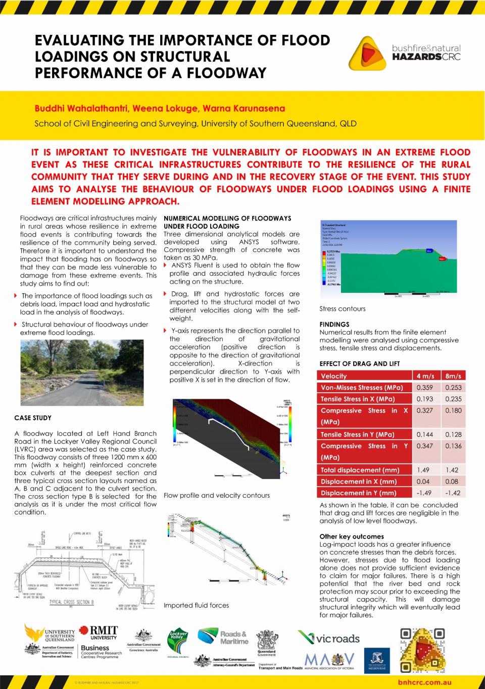 Evaluating the performance of flood loadings on structural performance of a floodway